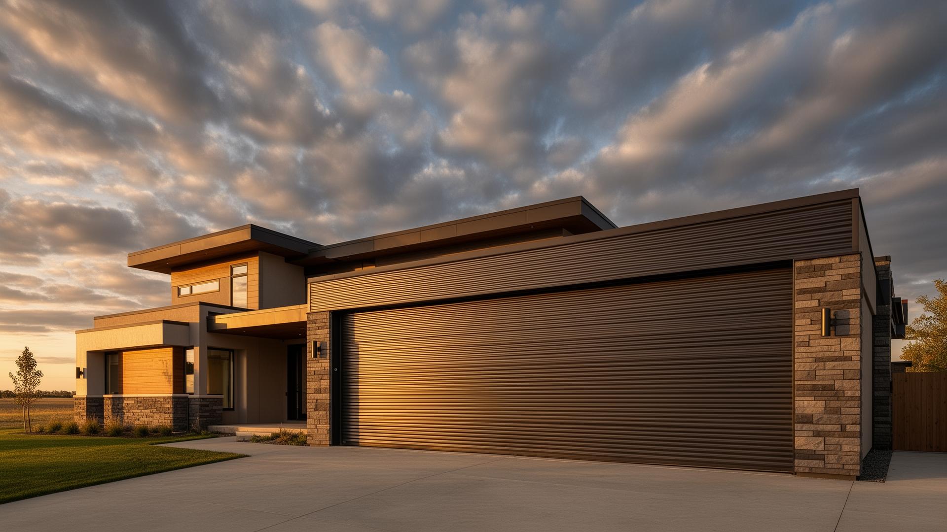 Modern prairie style home with premium industrial ribbed steel garage doors in Wadsworth Ohio